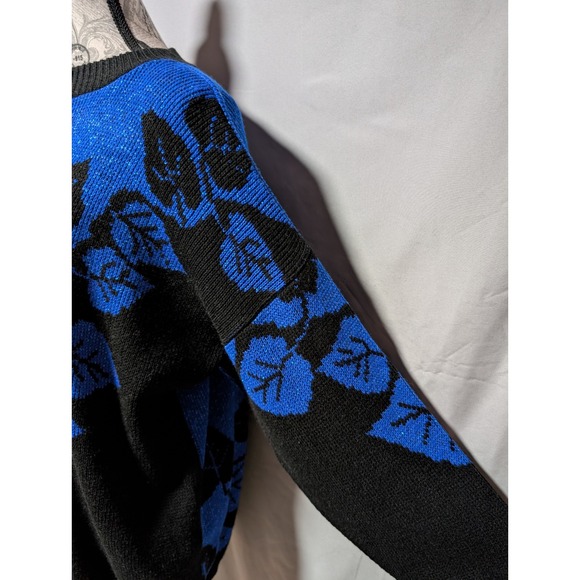 Arielle Women's VTG 80s 90s Blue Black Leaf Print Metallic Lurex Knit Sweater - Picture 3 of 8